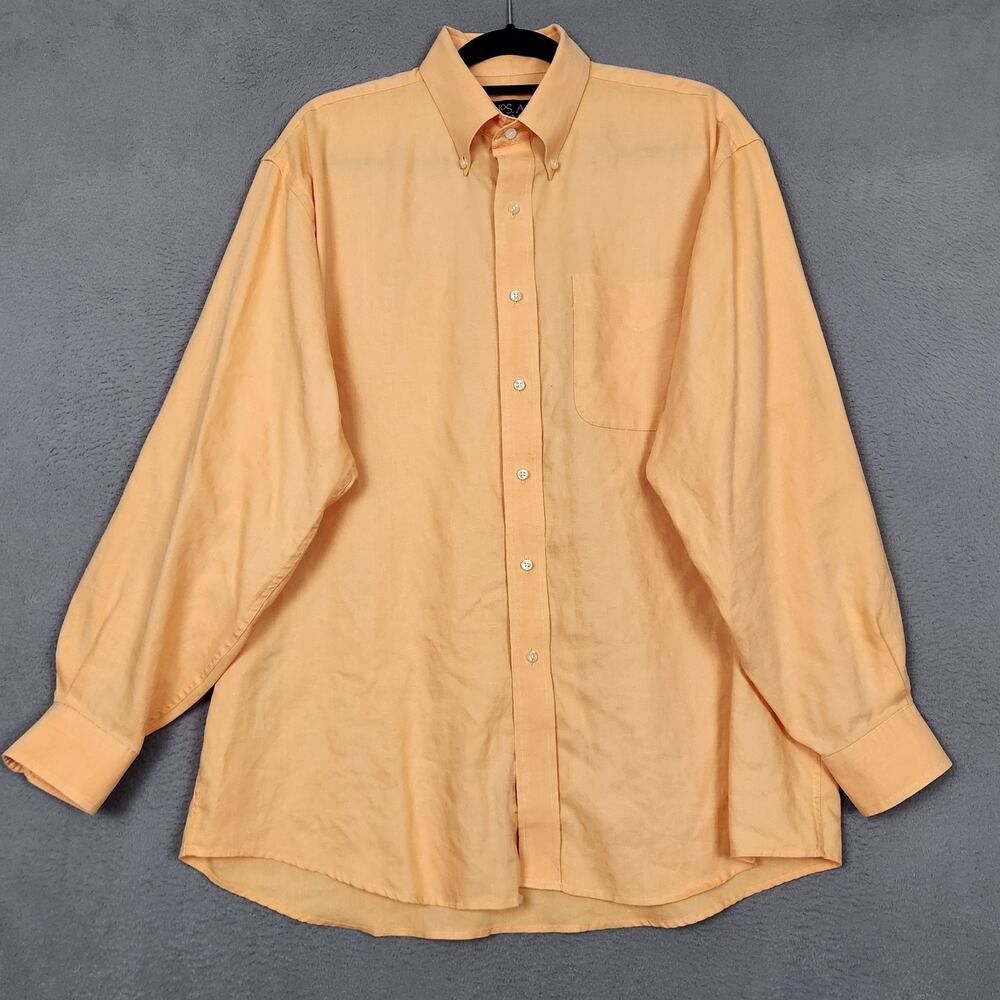 JOS A BANK Shirt Mens Large Orange 100% Linen Button Down Long Sleeve Travelers